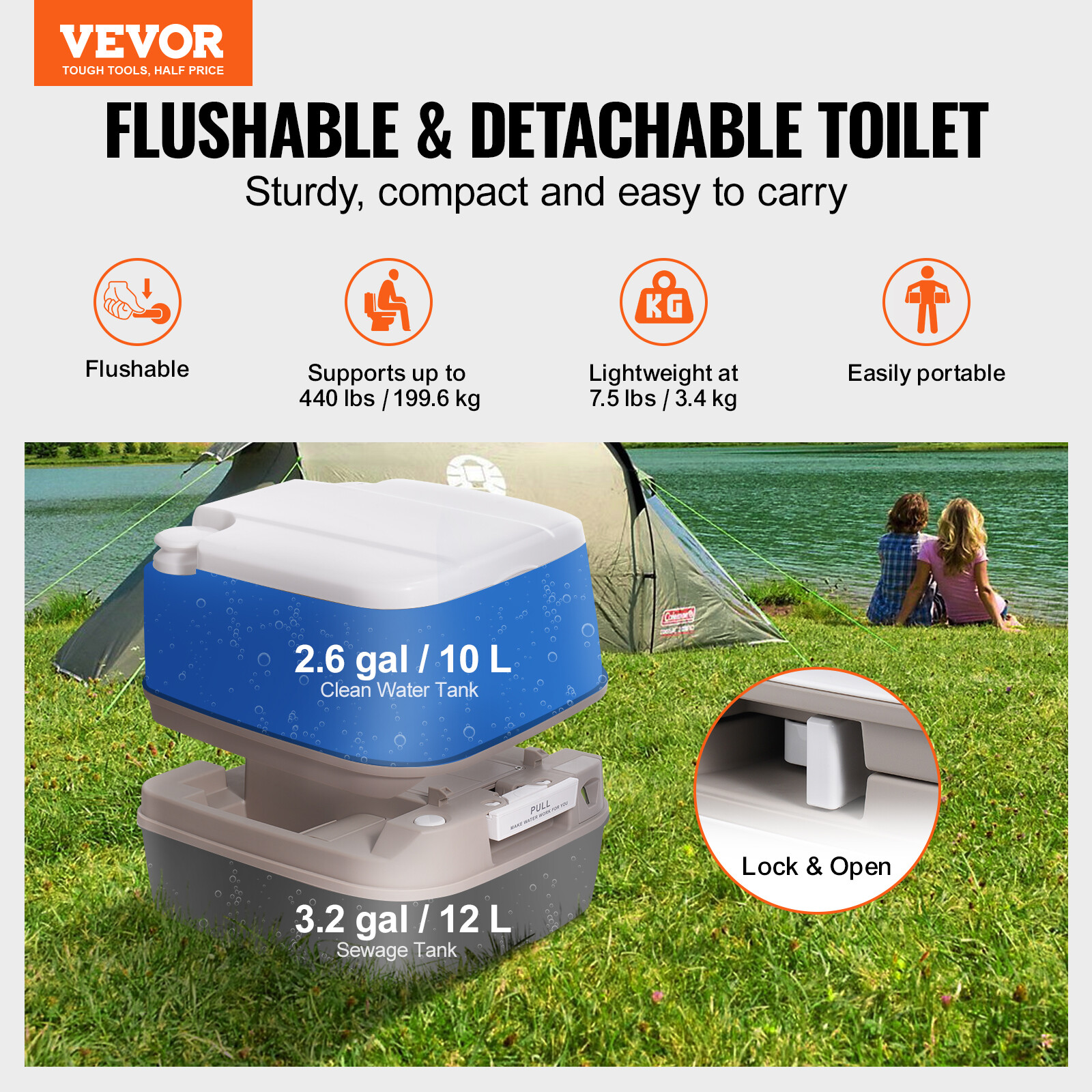 VEVOR Portable Toilet Flush Travel Camping 3.2 Gal Commode Potty