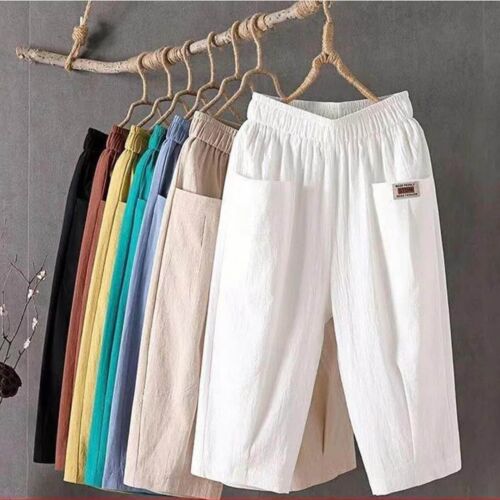 Women's Cotton Pants Summer Wide Leg Casual Loose Drawstring High Waist Palazzo