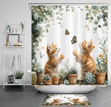 Animal Cute Cat and Green Leaf Succulent Shower Curtain Bathroom Accessories Set