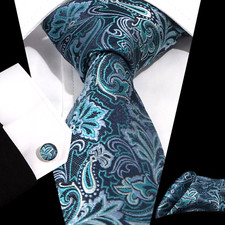 New Mens Silk Tie Set Paisley Blue Gray Necktie Pocket Square Cufflinks Set