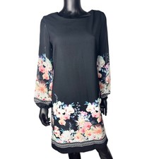 Lori Michaels Black Floral Print Long Sleeve Sheer Dress 6