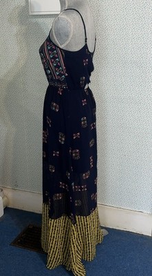 Xhilaration Women's  Aztec Pattern Blue Yellow Sheer Cut Out Back Maxi Dress XS