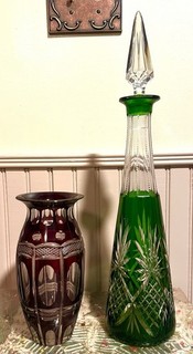 Pair of Cut to Clear Crystal likely St. Louis Decanter and Bohemian vase