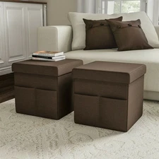 15" Set of 2 Ottomans with Storage Pockets Folding Foot Rests Organizers, Brown