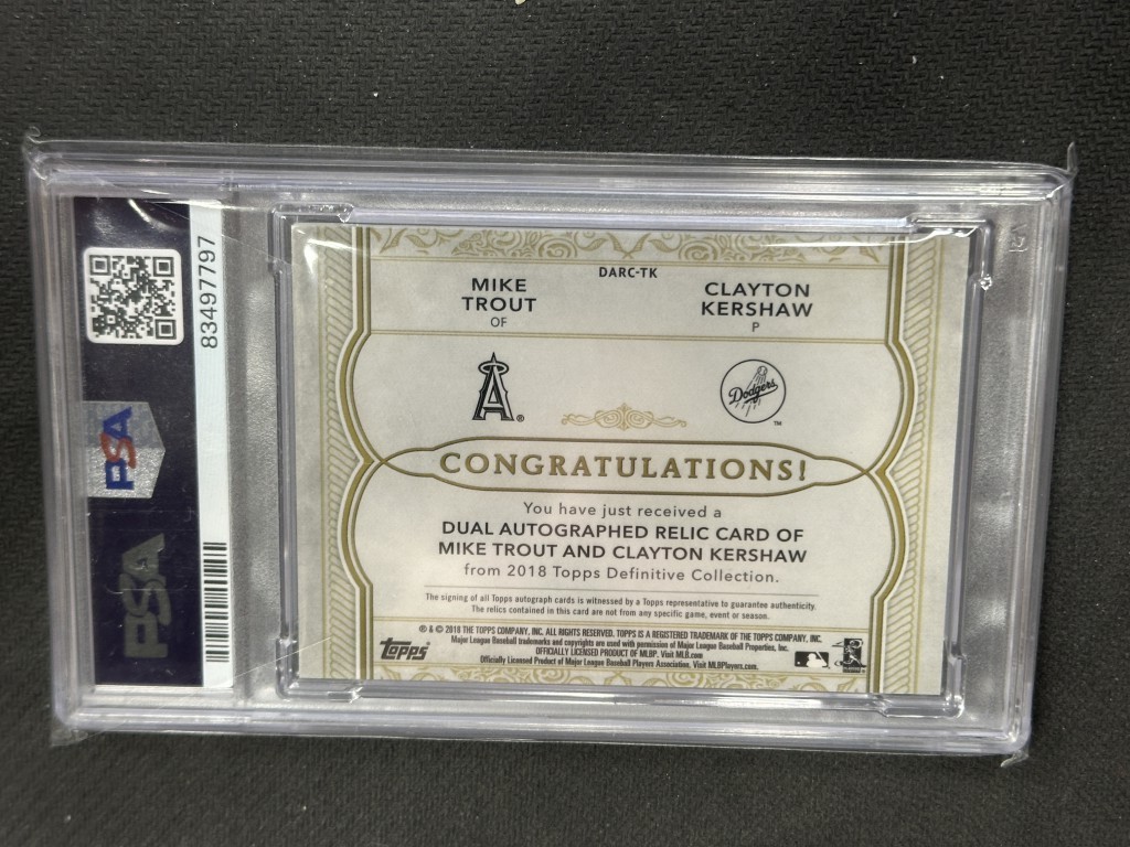 Clayton Kershaw Mike Trout 2018 Definitive Red Dual Patch Auto PSA 10 #TK 1/1 view 2