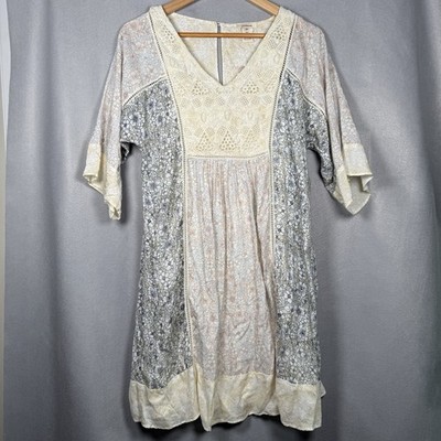 Sundance Peasant Dress Boho Hippie Granola Patchwork Crochet Ivory Blue Sz XS
