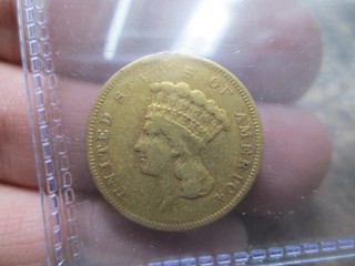 1855 3 DOLLAR US GOLD COIN IN VERY FINE CONDITION SOLDER ON RIM