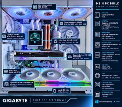 Lian Li O11 Desktop PC Weiß | Gigabyte B860M |Gigabyte Aero RTX 5060 8GB | RAM