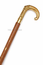 Vintage Brass Handle Walking Cane Wooden Stick with Brass Inlay Shaft