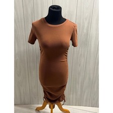 Zara Bodycon Dress Brown Ribbed Short Sleeve Ruched Drawstring Mini Dress S