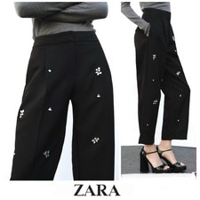 ZARA Black Jewel Bead Embellished High Waist Straight Leg Trousers Pant Sz M