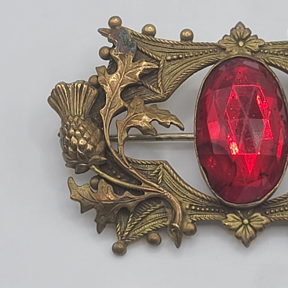 Vintage Sash Pin Brooch Art Nouveau Red Pineapples Gold Tone - Image 3 of 4