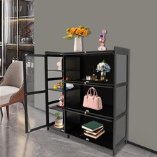 For Entryway Bamboo Display Cabinet Storage Cabinet with Doors Black Showcase