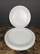 Set Of 8 Corelle Gatsby Dinner Plates 10 1/4" USA Peach Flowers Gray Lines 