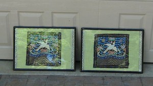 pair antique chinese silk embroidery gold treads crane,symbols,