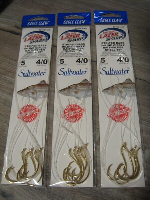 15 Snelled Eagle Claw 4/0 Striped Bass Inline Circle Baitholder Fish Hooks