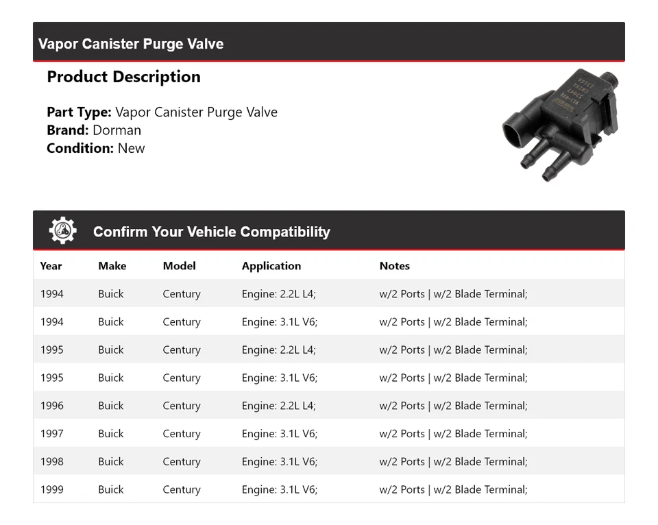 Válvula de purga de bote de vapor Buick Century Dorman 1994-1999 1995 1996 1997 Foto 2 de 4
