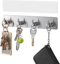Wall Mount Key Holder with 4 Hooks Stainless Steel Key Rack Organizer w/ Adhesiv
