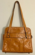 Patricia Nash Tooled Leather Satchel Natural Tan Double Handles
