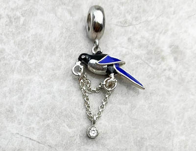 Magpie Bird Charm Pendant 925 Silver with Blue & Black Enamel