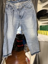 Old Navy Women's Boyfriend Mid-Rise Blue Denim Jeans Raw Hem Button Zip Stretch