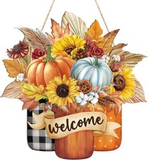 Fall Decoration Welcome Wreaths for Front Door, Wooden Large, Mason Jar