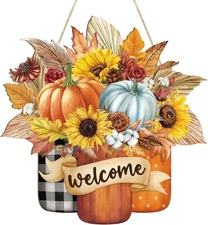 Fall Decoration Welcome Wreaths for Front Door, Wooden Large, Mason Jar 