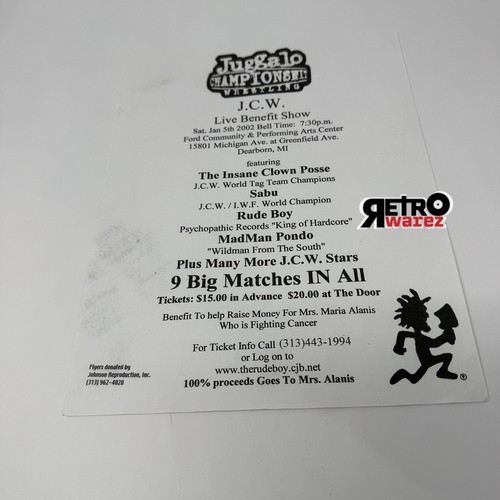 Insane Clown Posse Juggalo Championship Wrestling JCW Flyer 8,5x11” 2002 ICP