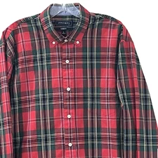Crown & Ivy Men's Shirt L Red Green Plaid Button Down Stretch Long Sleeve Cotton
