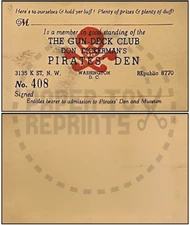 THE GUN DECK CLUB MEMBERSHIP CARD - DON DICKERMAN RESTAURANT - VINTAGE REPRINT