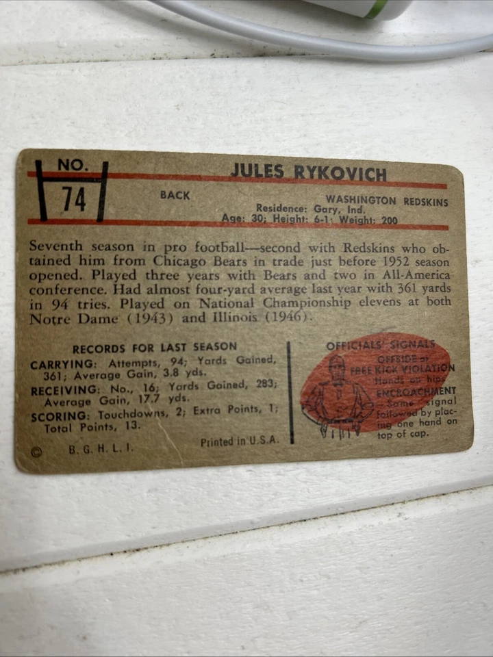 1953 BOWMAN Vintage FOOTBALL CARD Ex #74 JULES RYKOVICH WASHINGTON REDSKINS - Image 4 of 4