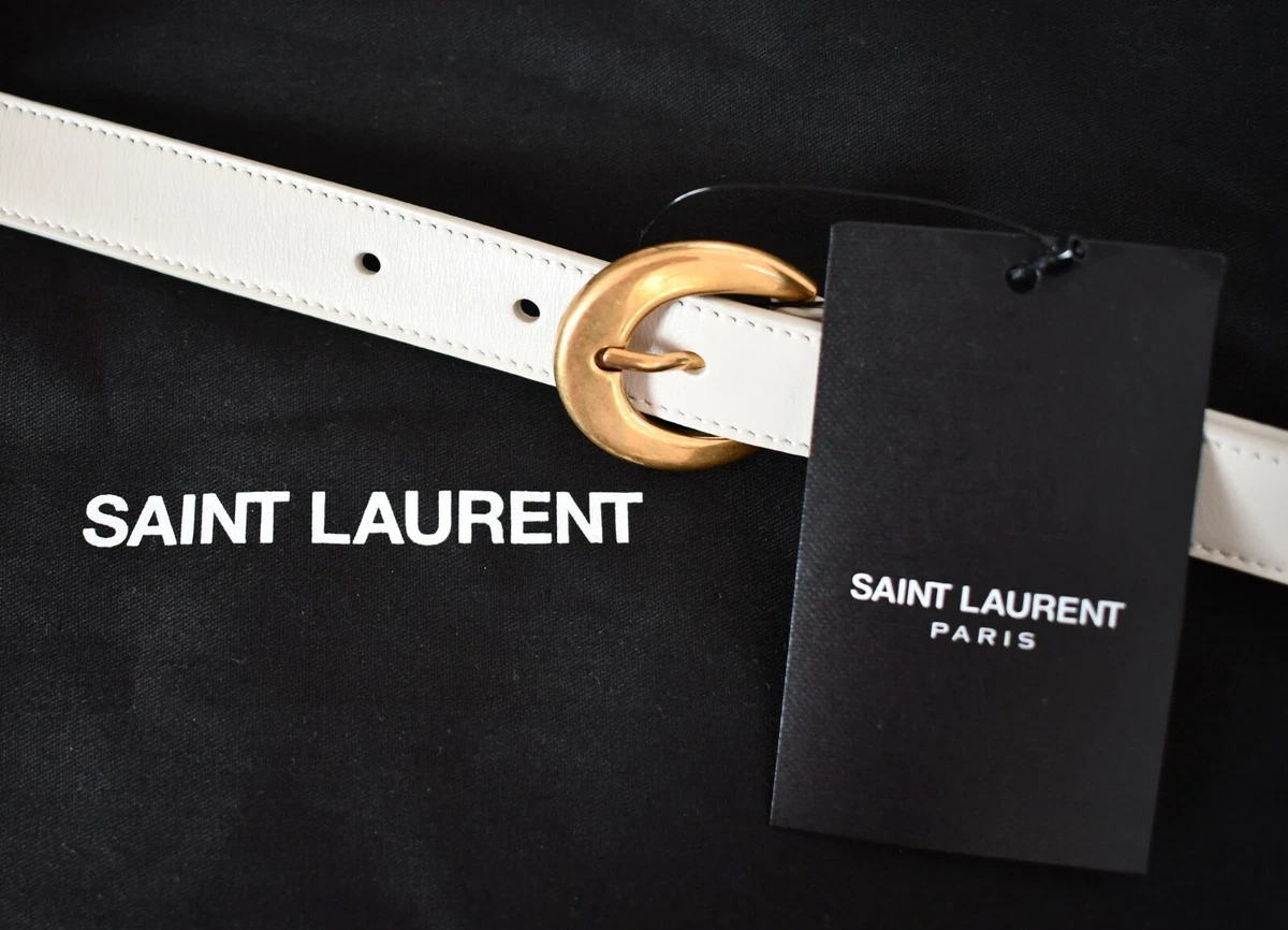 SAINT LAURENT Cream Leather MOON BUCKLE Narrow SKINNY Belt IT
