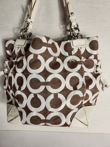 Coach Peyton White Brown Espresso Leather Denim Stachel Purse Bag Logo 14573 - Picture 3 of 18
