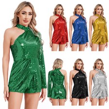 Womens Jumpsuit Halloween Rompers Sparkly Bodysuit Halter Unitard Raves Cosplay
