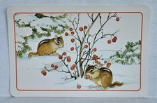 Vintage Christmas Postcards Chipmunks Eating Snow Berries Hallmark Unposted