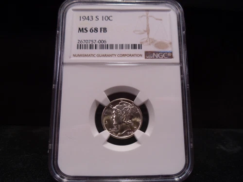 1943-S MS68FB (Full Bands) Mercury Dime NGC Certified Superb Gem - Bright White