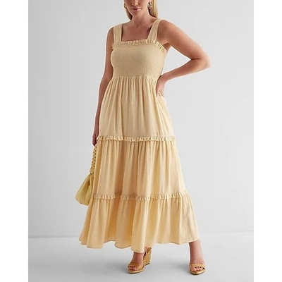 #ad Express Smocked Tiered Maxi Dress Yellow Linen Blend Square Neck Sleeveless s1 $30.00