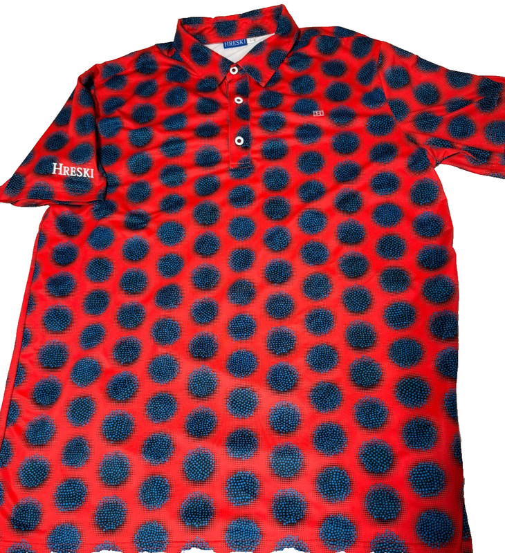 Extremely Rare Hreski Red shirt with Navy Covid Clusters. Men's L