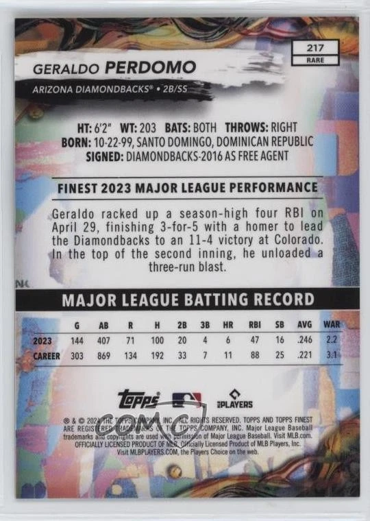 2024 Topps Finest Rare Blue Checkerboard Refractor /49 Geraldo Perdomo #217 - Image 2 of 2