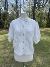 Free Assembly Cable-Knit White Cardigan Sweater M Puff Sleeve Jewel Buttons