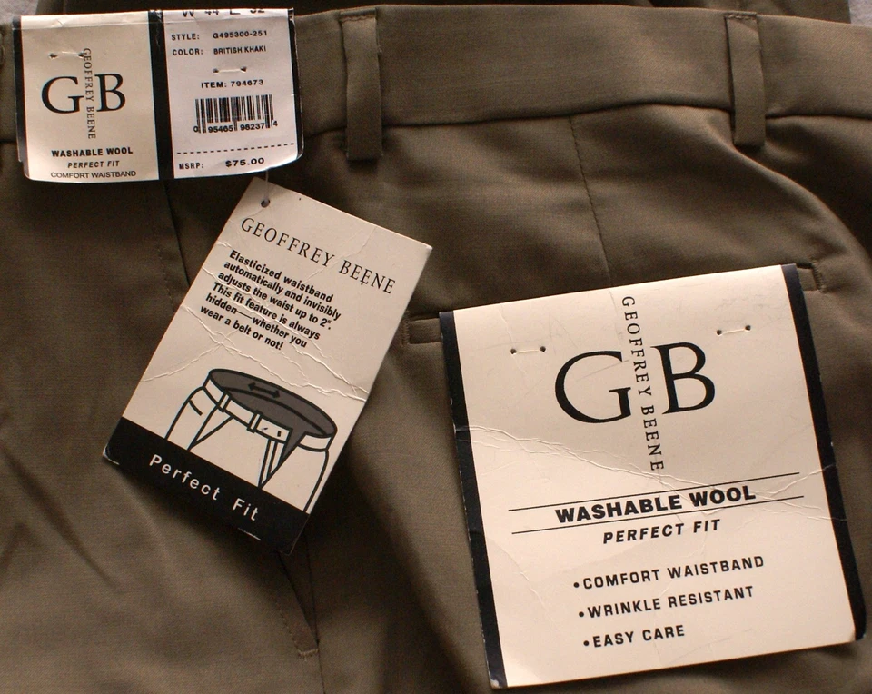 Pantalones de vestir Geoffrey Beene lavables de lana plisados caqui británico 44X32 Foto 3 de 3