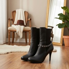 Women Silver Metal 2 Boots Chain Bracelet Shoe Black Fabric Strap Charm MADE USA