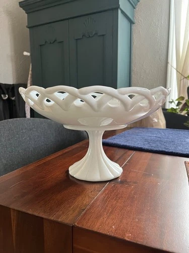 Vintage White Milk Glass Fruit Bowl on Pedestal Lattice Edge