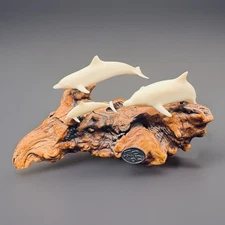 Vtg John Perry Dolphins Sculpture Burl Wood Base MCM 7.5”x 4”