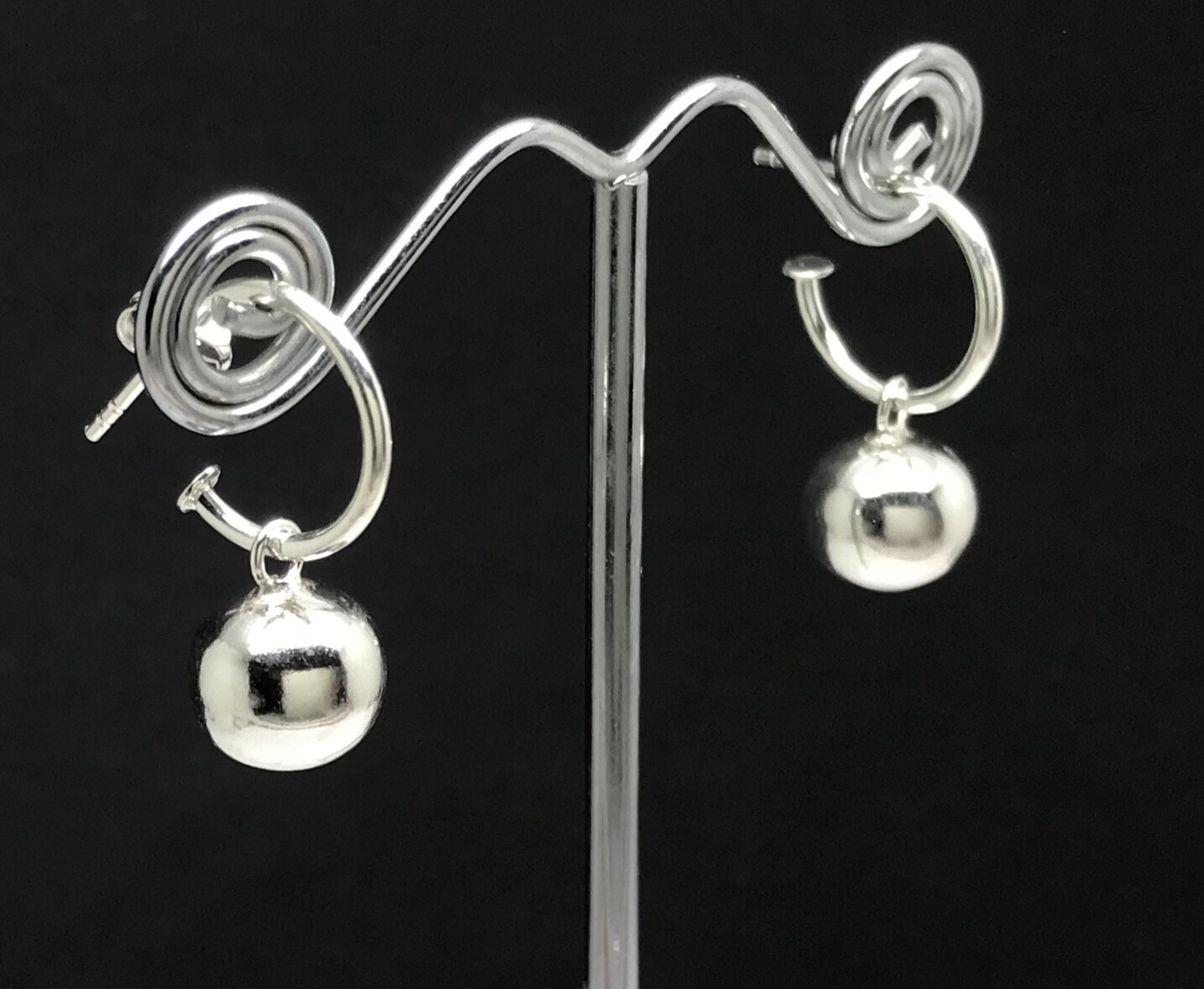 Ball hoop earrings drop Solid Sterling silver. Huggie look 10mm balls