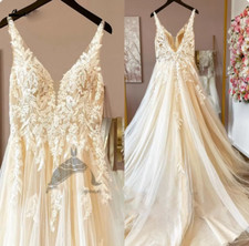 Vintage A Line Beach Wedding Dresses V Neck Lace Appliques Champagne Bridal Gown