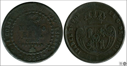 Spain Isabel II 1/2 Real (Five Tenths) 1852 Segovia Cu BC / F