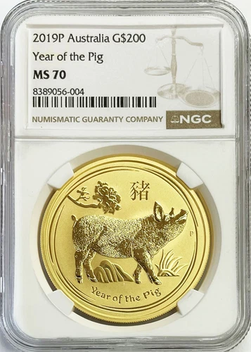2019 P GOLD $200 AUSTRALIA 2 OZ LUNAR YEAR OF THE PIG NGC MINT STATE 70