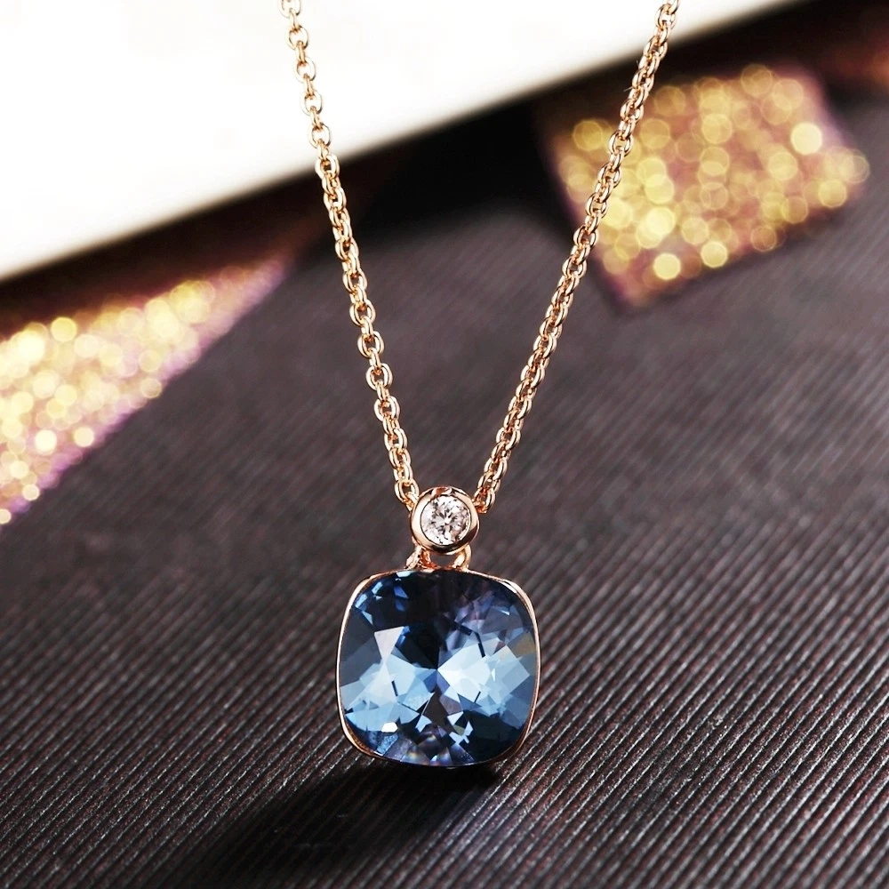 Thick 18K Rose Gold GF Made With SWAROVSKI Crystal Cushion Cut Blue Necklace