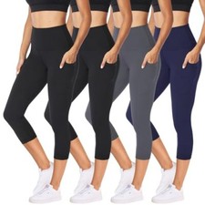 4 Pack Capri Leggings with Pockets for Women - High Waisted Tummy Control for...